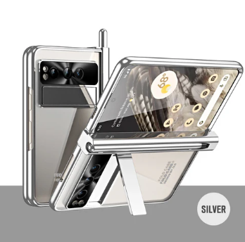 Electroplated Transparent Google Pixel Fold Case with Dual Hinge Protector, Screen Protector, Hidden Kickstand, Pen Slot & Free Stylus - FonKayz