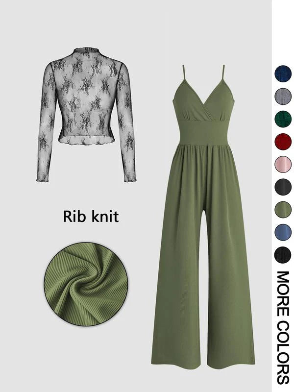 Lace Top & Wide-Leg Jumpsuit Set – Ribbed Knit Two-Piece Outfit