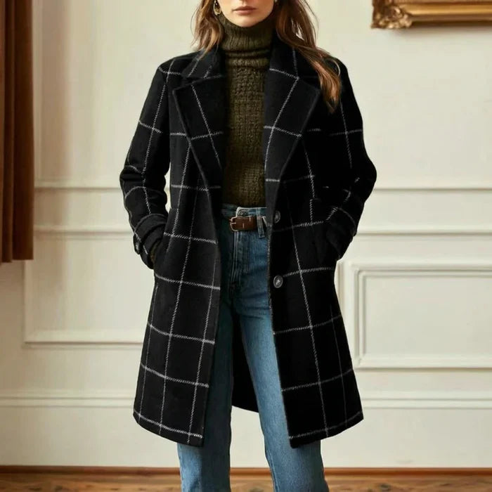 Check Wool Blend Coat – Classic Plaid Longline Women’s Overcoat