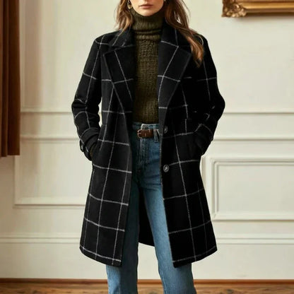 Check Wool Blend Coat – Classic Plaid Longline Women’s Overcoat
