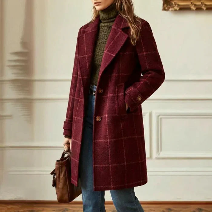 Check Wool Blend Coat – Classic Plaid Longline Women’s Overcoat