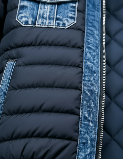 Hybrid Denim Quilted Jacket – Zip-Up Puffer Style With Denim Trim