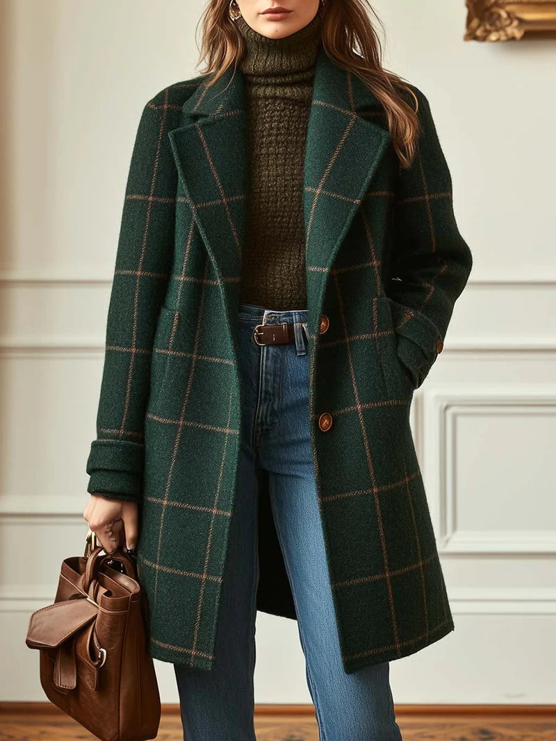 Check Wool Blend Coat – Classic Plaid Longline Women’s Overcoat