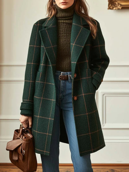 Check Wool Blend Coat – Classic Plaid Longline Women’s Overcoat