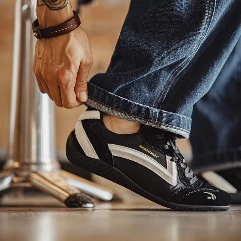 VELORUN™ Retro Racing Trainer – Vintage Patchwork Thin-Sole Sneaker