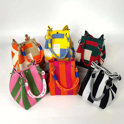 Striped Bucket Bag – Colorblock Rope Handle Shoulder Tote Bag