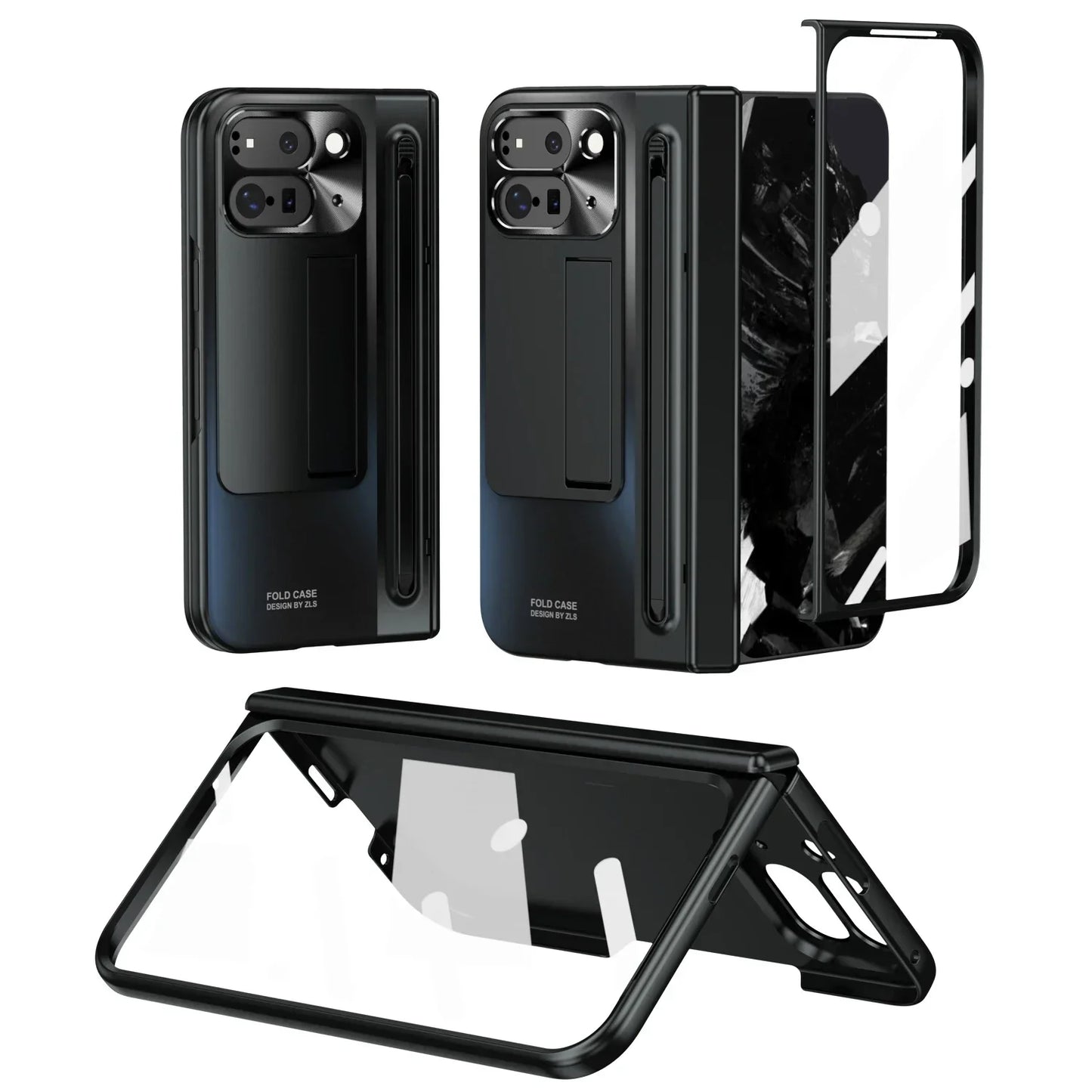 Stylus Touch Pen Case for Google Pixel 9 Pro Fold - Hinge Pen Slot Holder Stand Protective Cover with Front Screen Glass - FonKayz